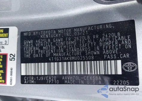 2021 Toyota Camry Se Hybrid from USA, damaged, VIN 4T1G31AK8MU025508